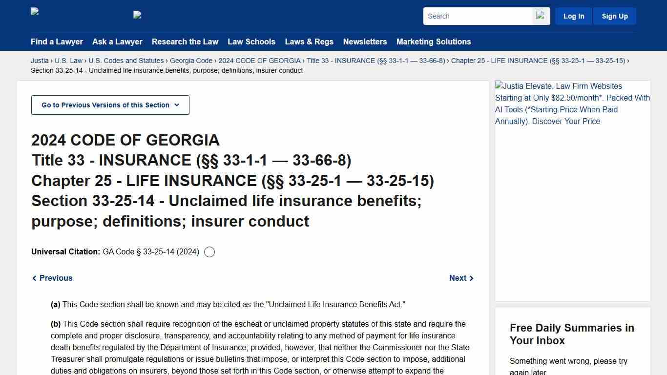 Georgia Code § 33-25-14 (2024) - Unclaimed life insurance benefits; purpose; definitions; insurer conduct :: 2024 Georgia Code :: U.S. Codes and Statutes :: U.S. Law :: Justia