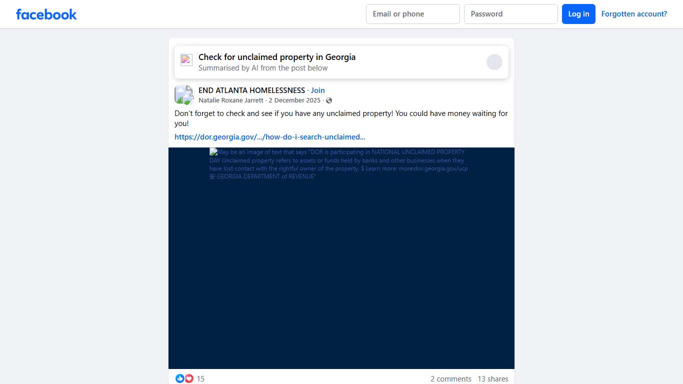 END ATLANTA HOMELESSNESS Don’t forget to check and see if you have any unclaimed property Facebook